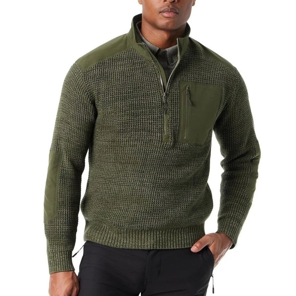 New Bass Outdoor Mixed Media Sweater Men's L Green Cotton 1/4 Zip Pullover